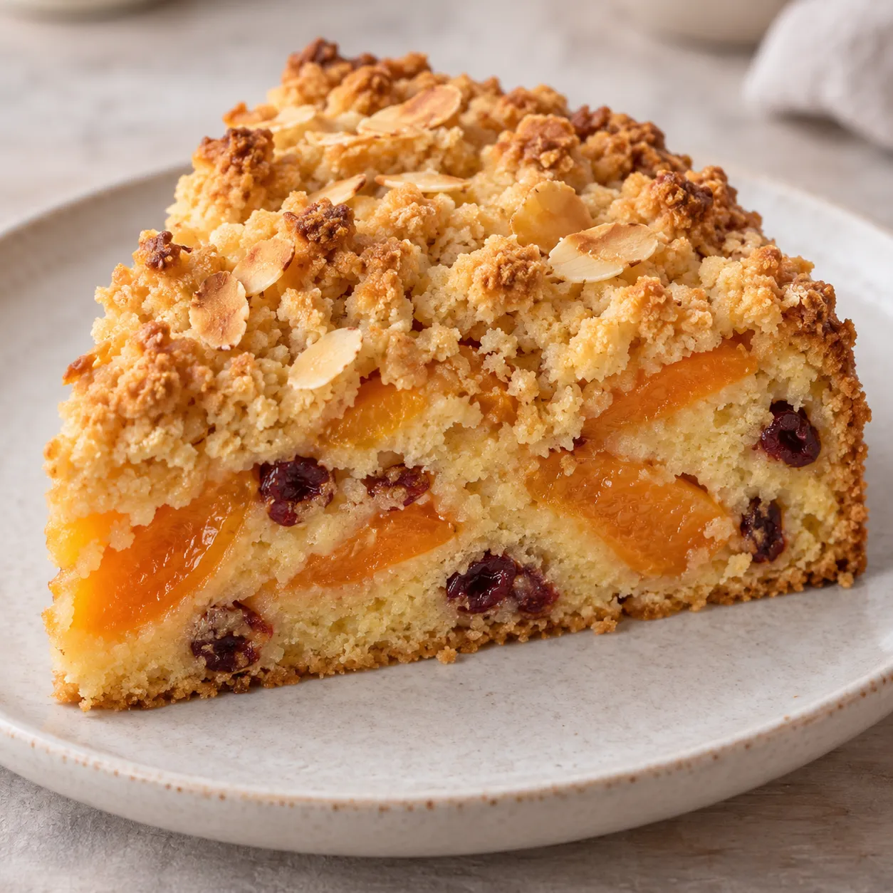 Crumble cake with apricots and almonds — cranberries