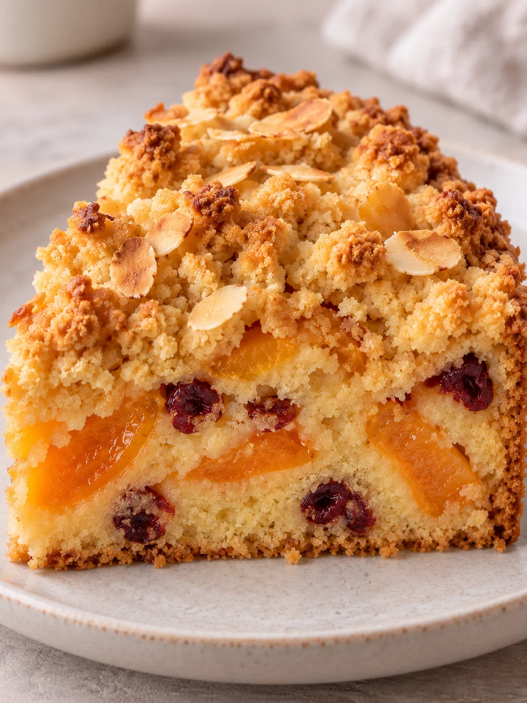 Crumble cake with apricots and almonds — cranberries