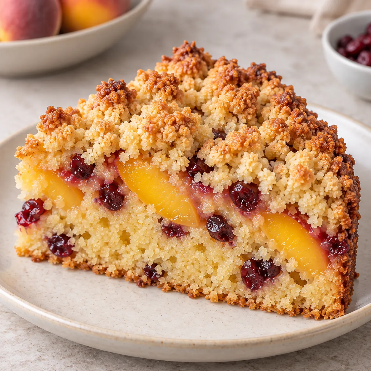 Crumble cake with peaches and vanilla — cranberries