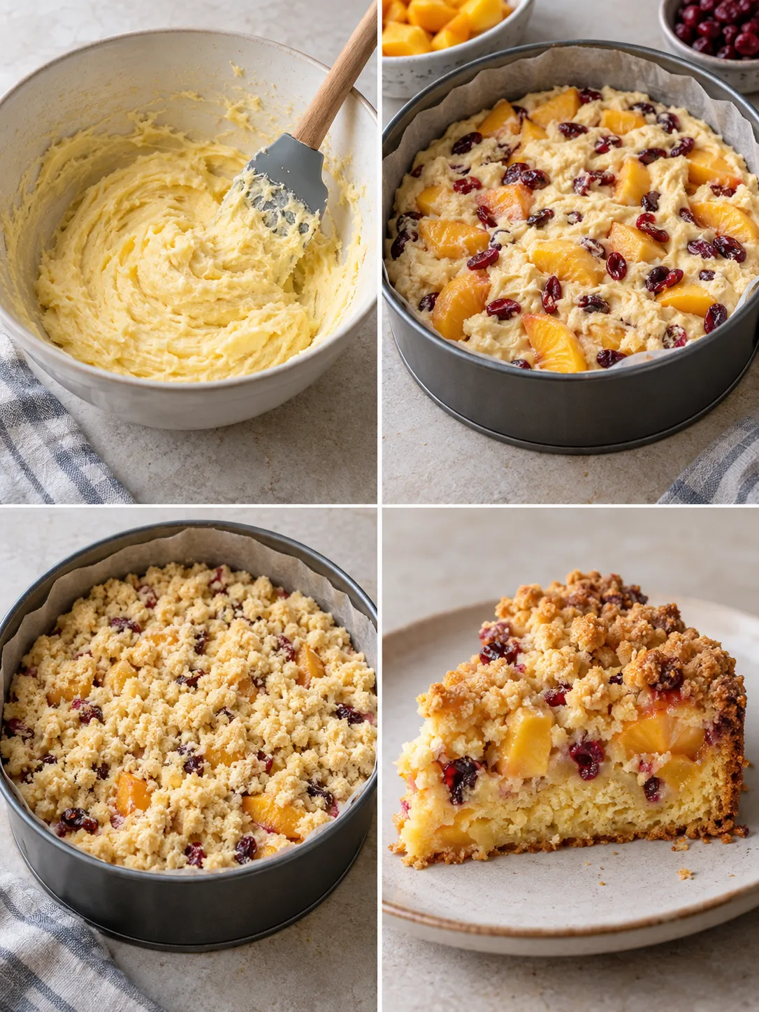 Crumble cake with peaches and vanilla — cranberries