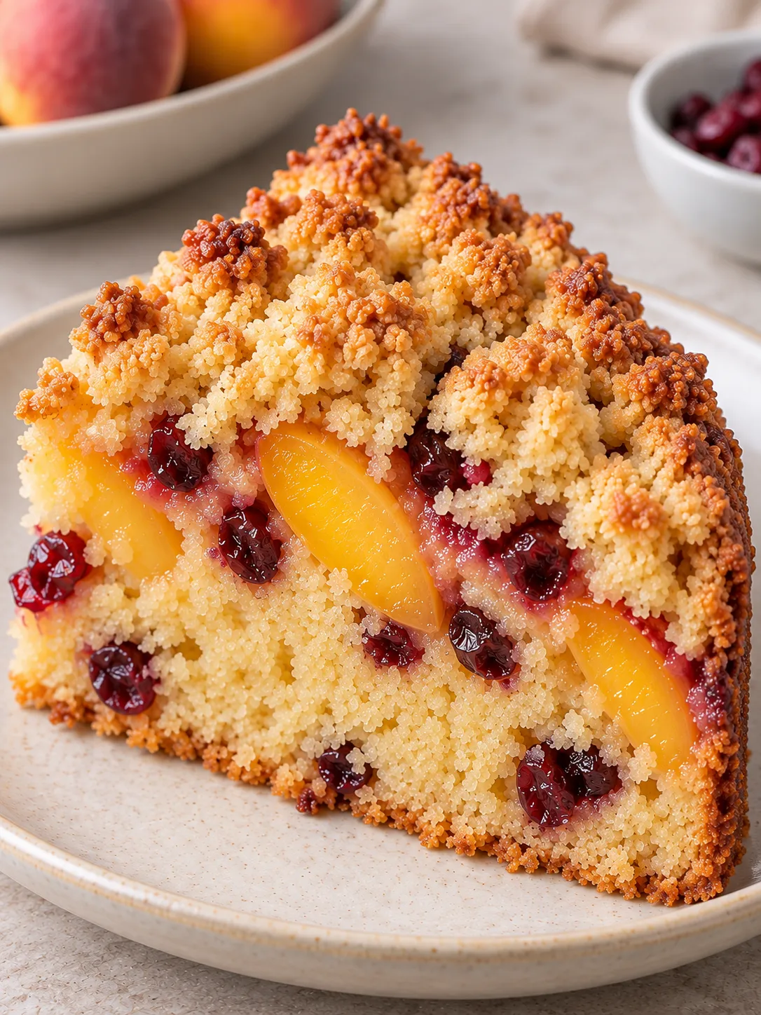 Crumble cake with peaches and vanilla — cranberries