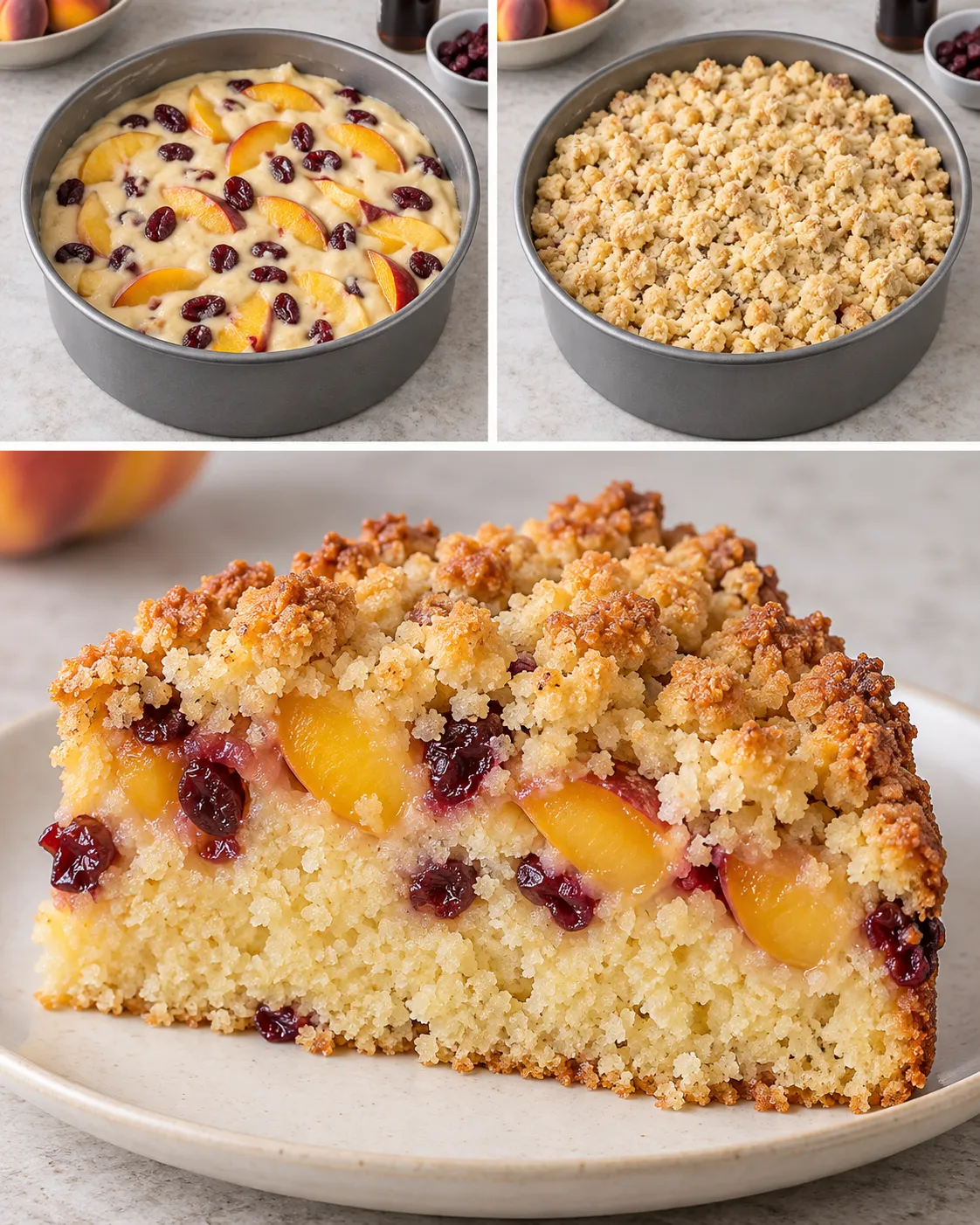 Crumble cake with peaches and vanilla — cranberries