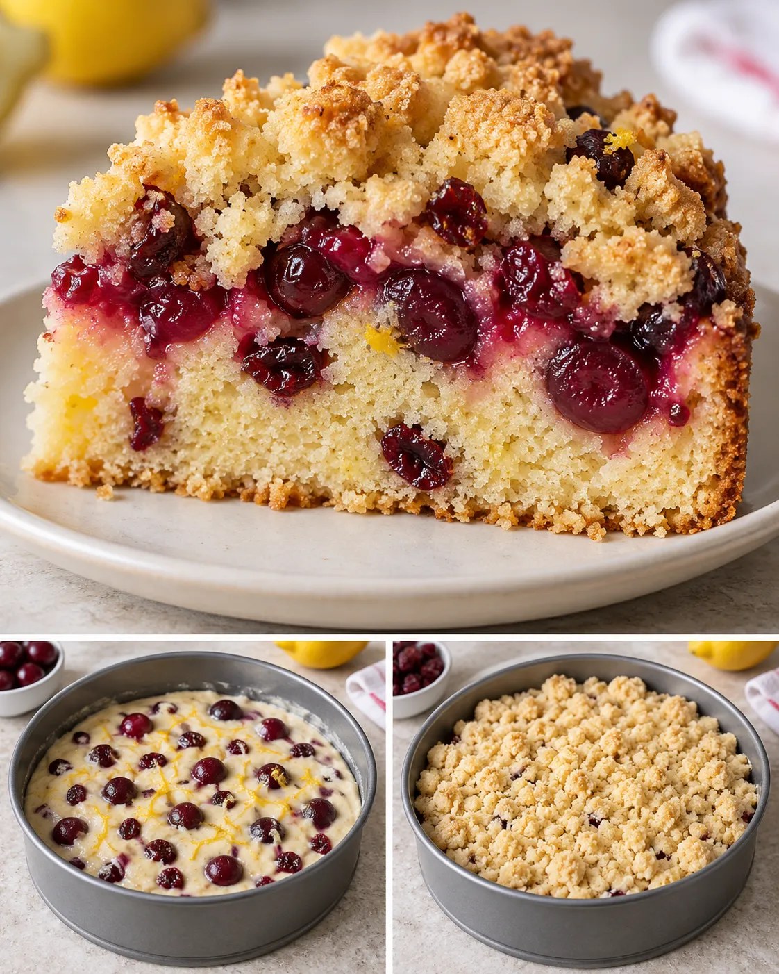 Crumble cake with cherries and lemon — cranberries