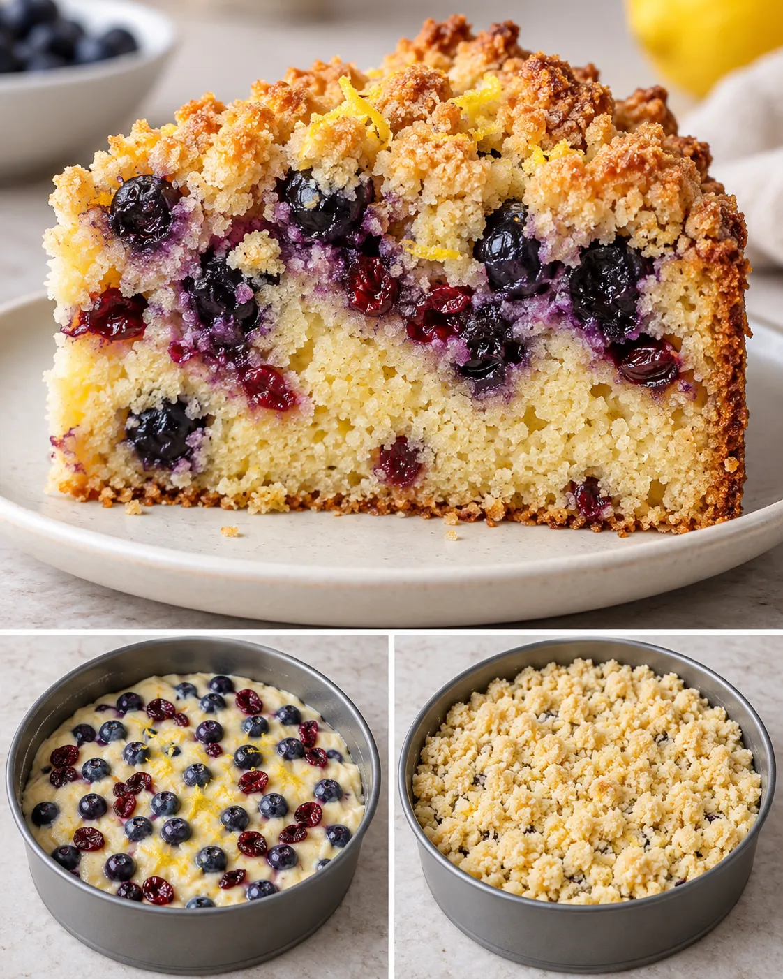 Crumble cake with blueberries and lemon — cranberries