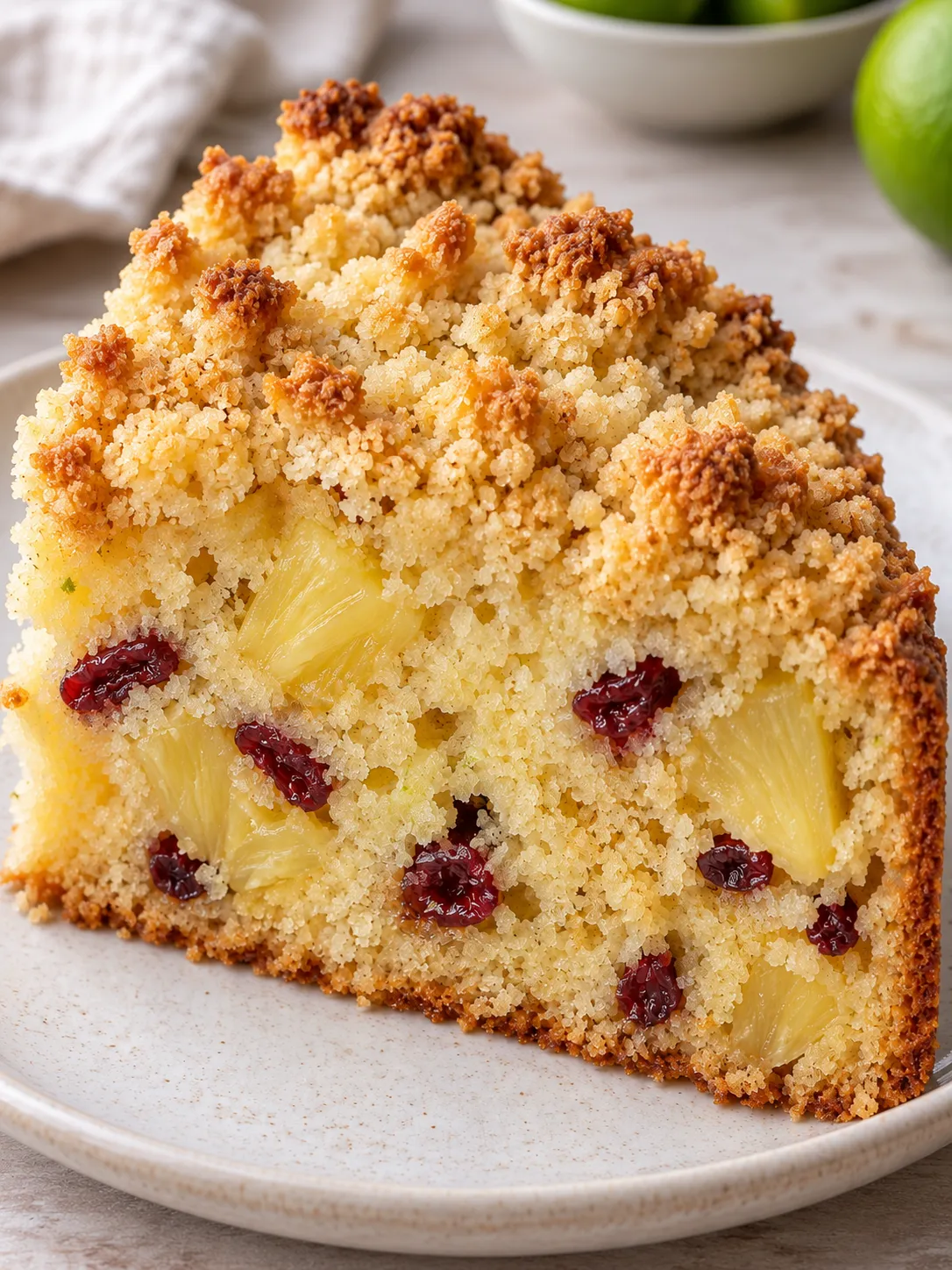 Crumble cake with pineapple and lime — cranberries