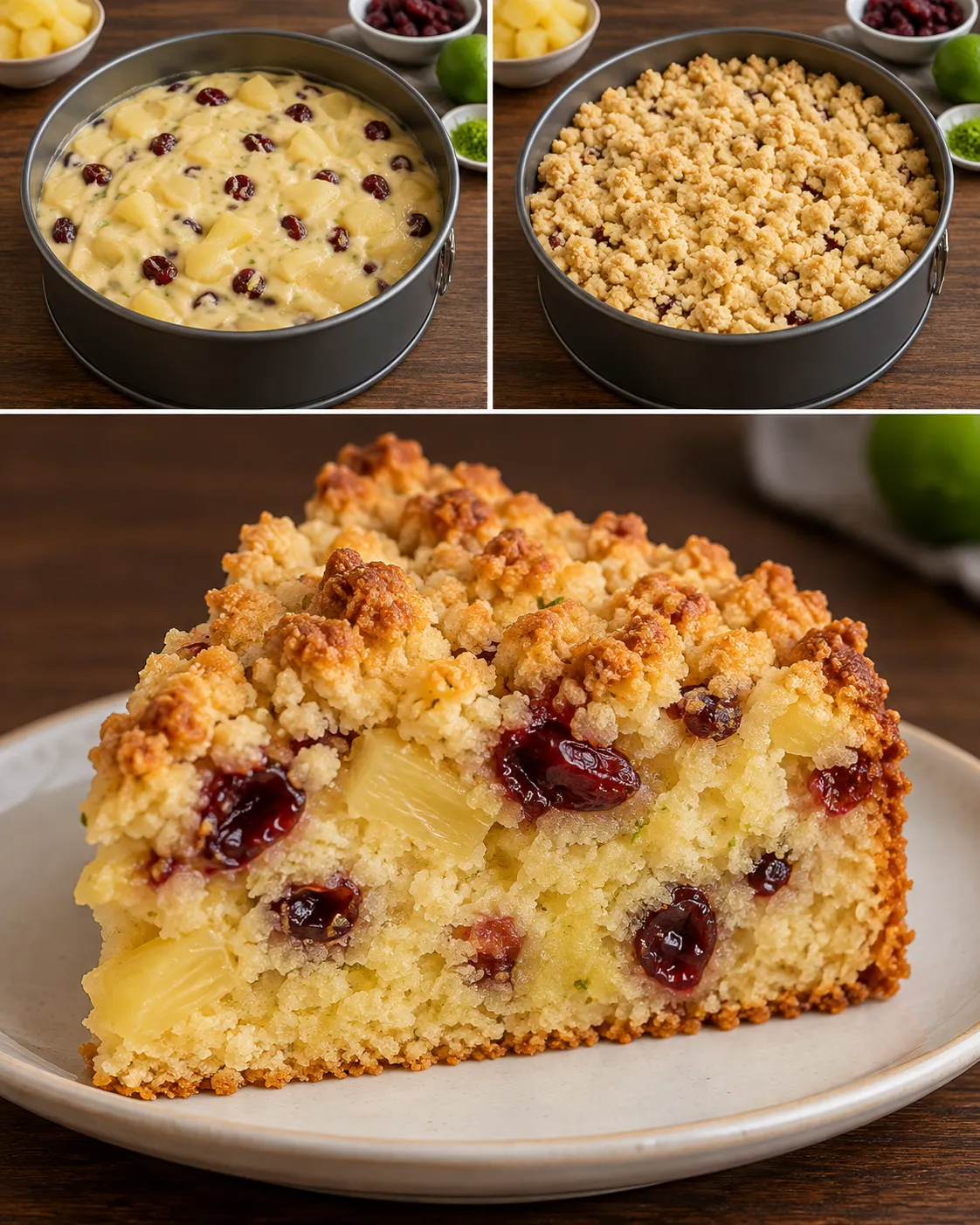 Crumble cake with pineapple and lime — cranberries
