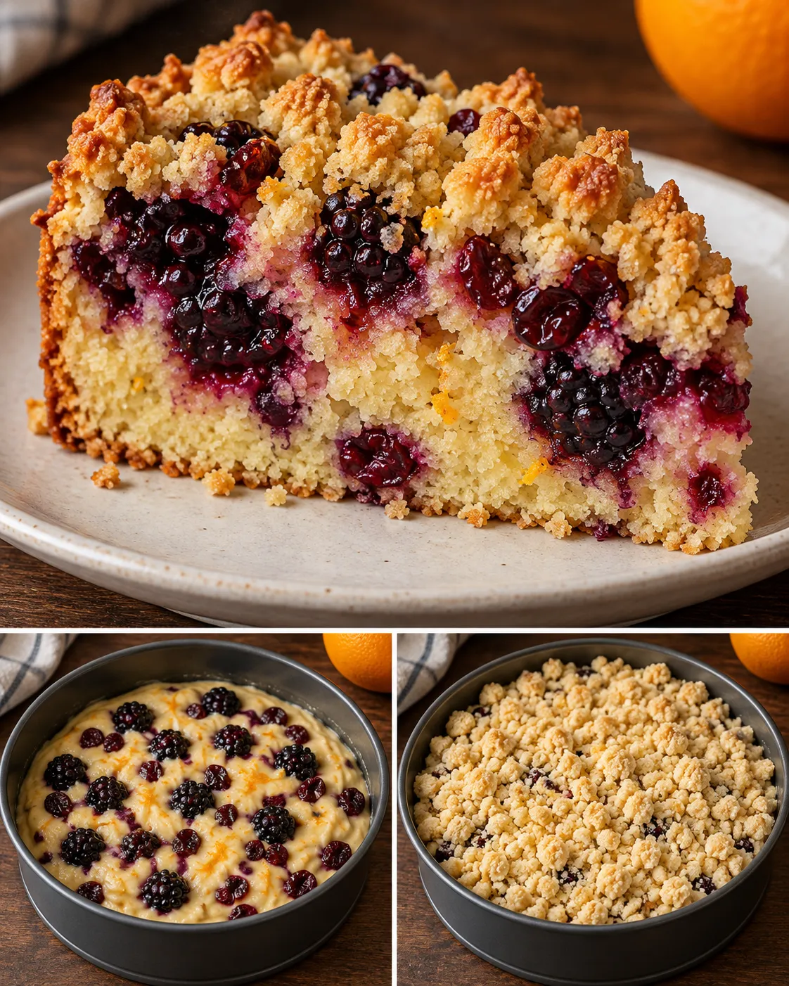 Crumble cake with blackberries and orange — cranberries