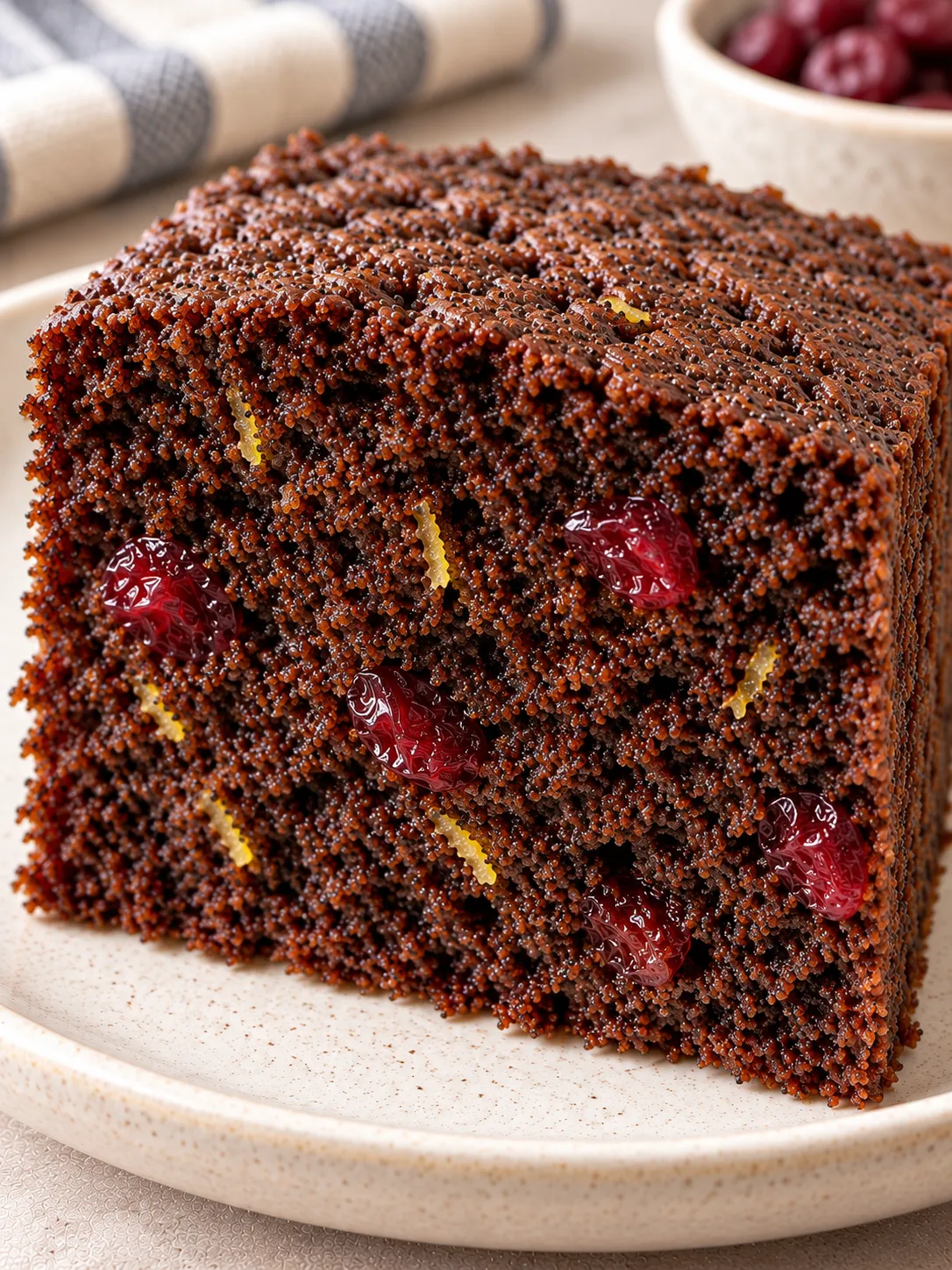 Chocolate sheet cake with lemon and poppy seeds — cranberries