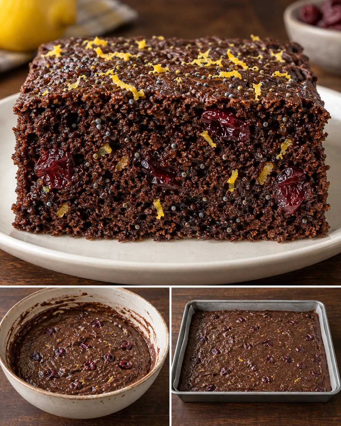 Chocolate sheet cake with lemon and poppy seeds — cranberries