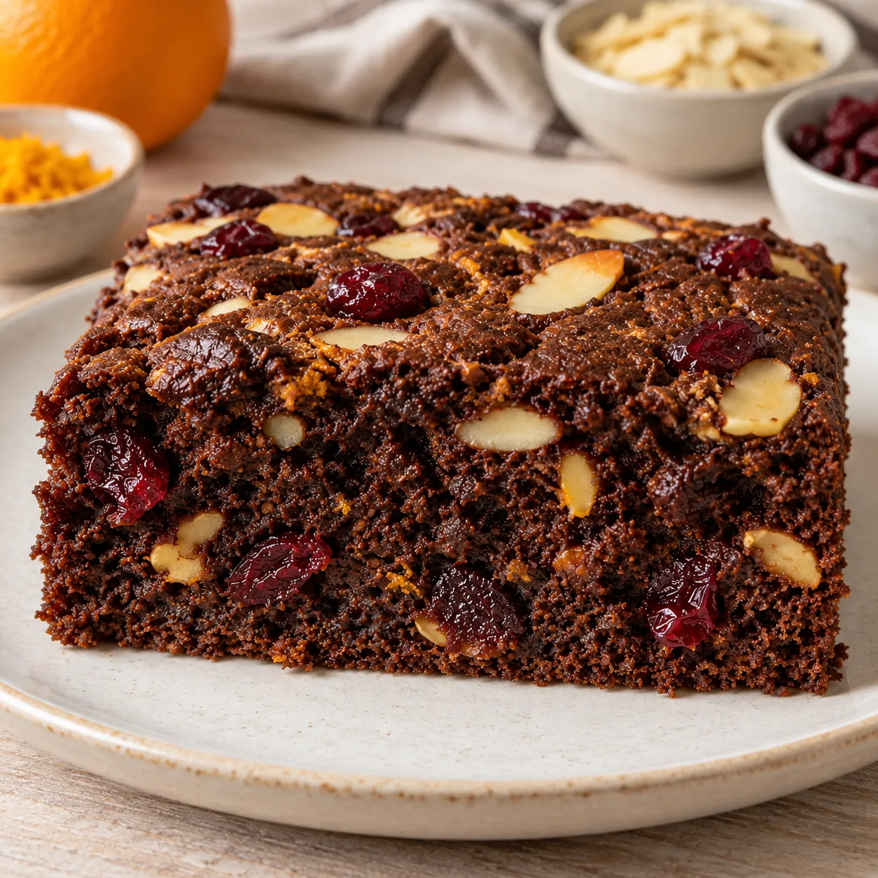 Chocolate sheet cake with orange and almonds — cranberries