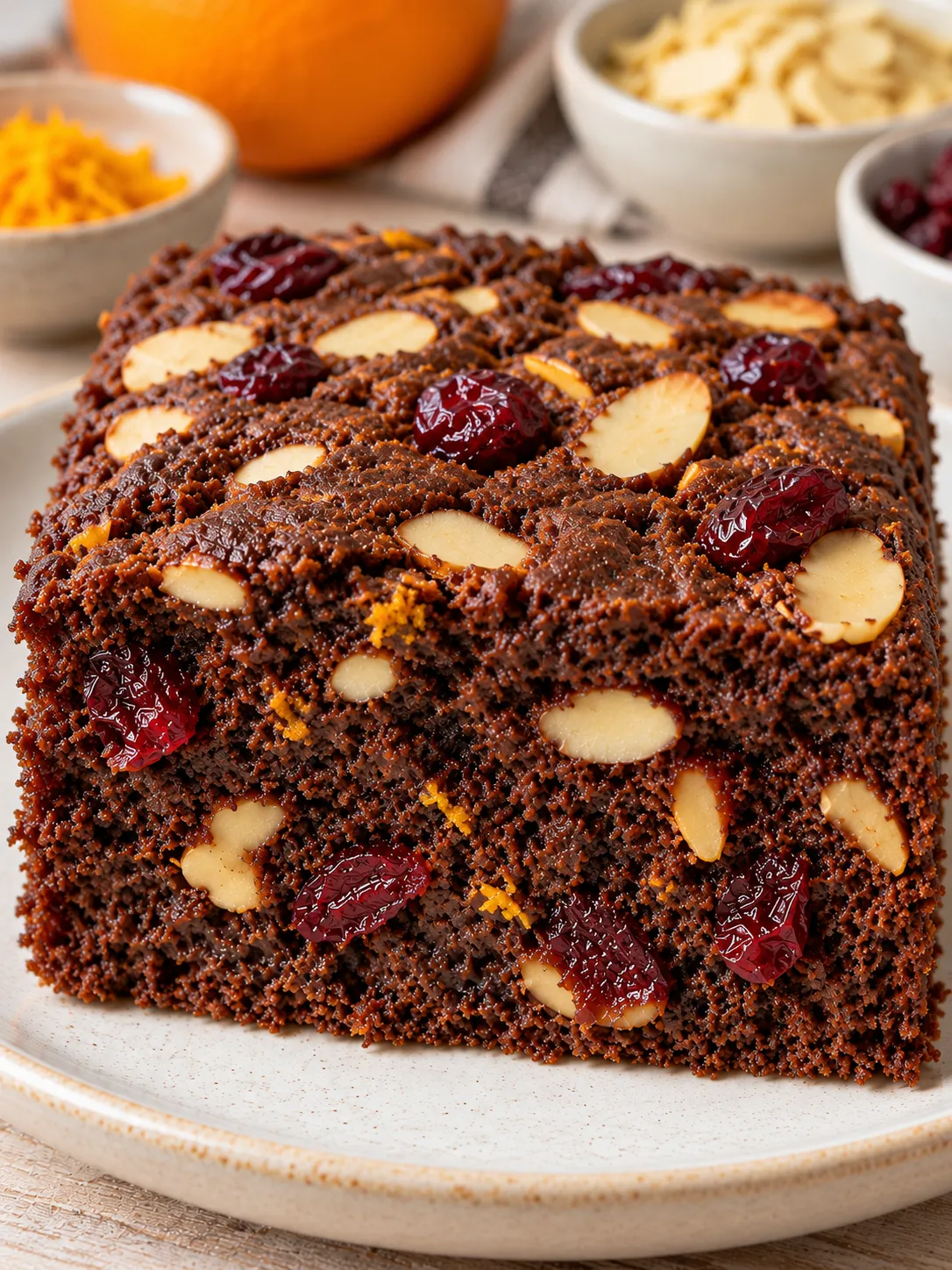 Chocolate sheet cake with orange and almonds — cranberries