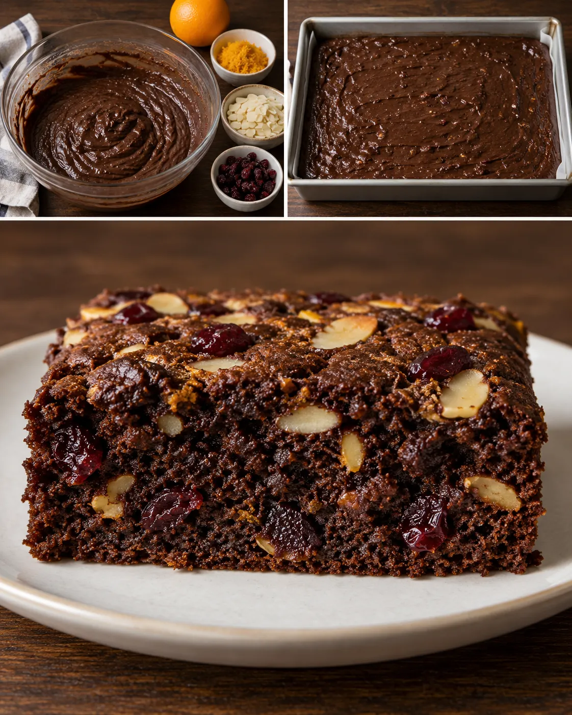 Chocolate sheet cake with orange and almonds — cranberries