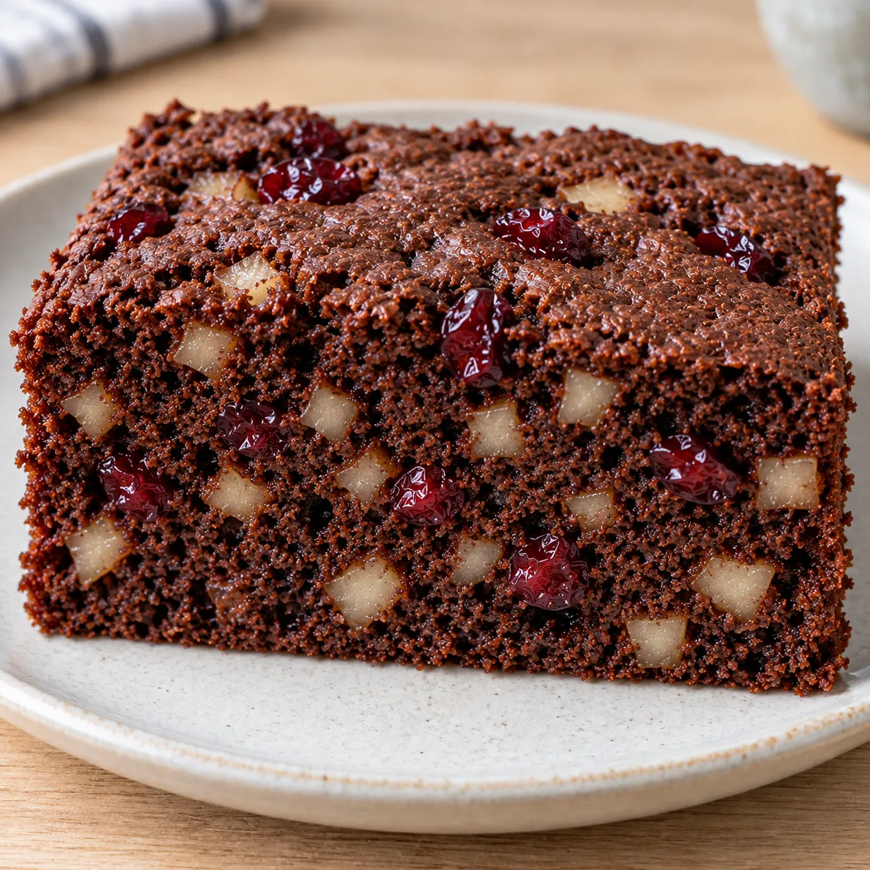Chocolate sheet cake with cardamom and pear — cranberries