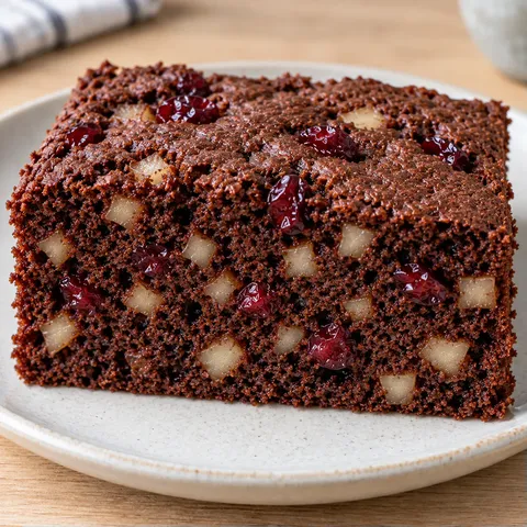 Chocolate sheet cake with cardamom and pear — cranberries