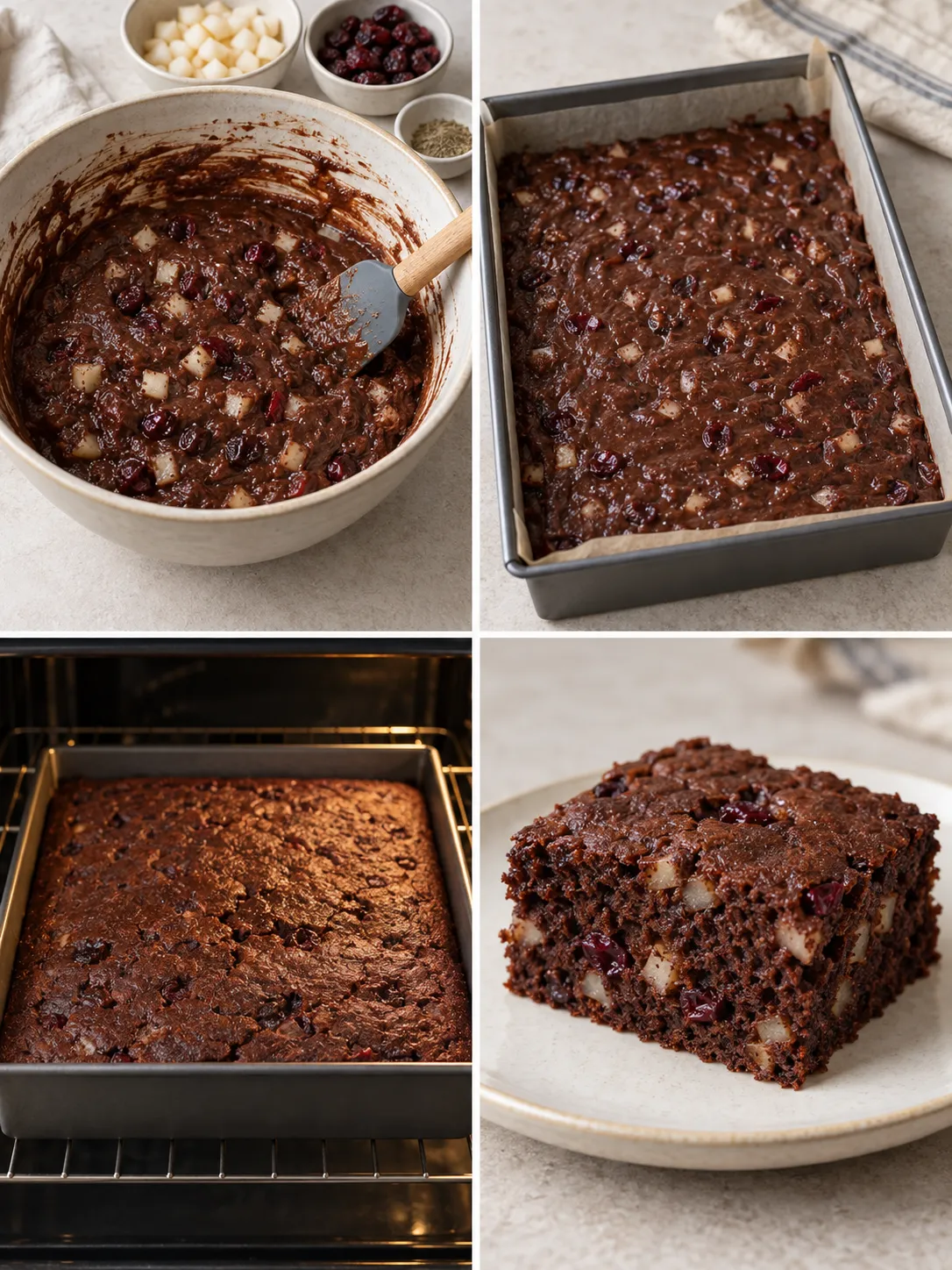 Chocolate sheet cake with cardamom and pear — cranberries