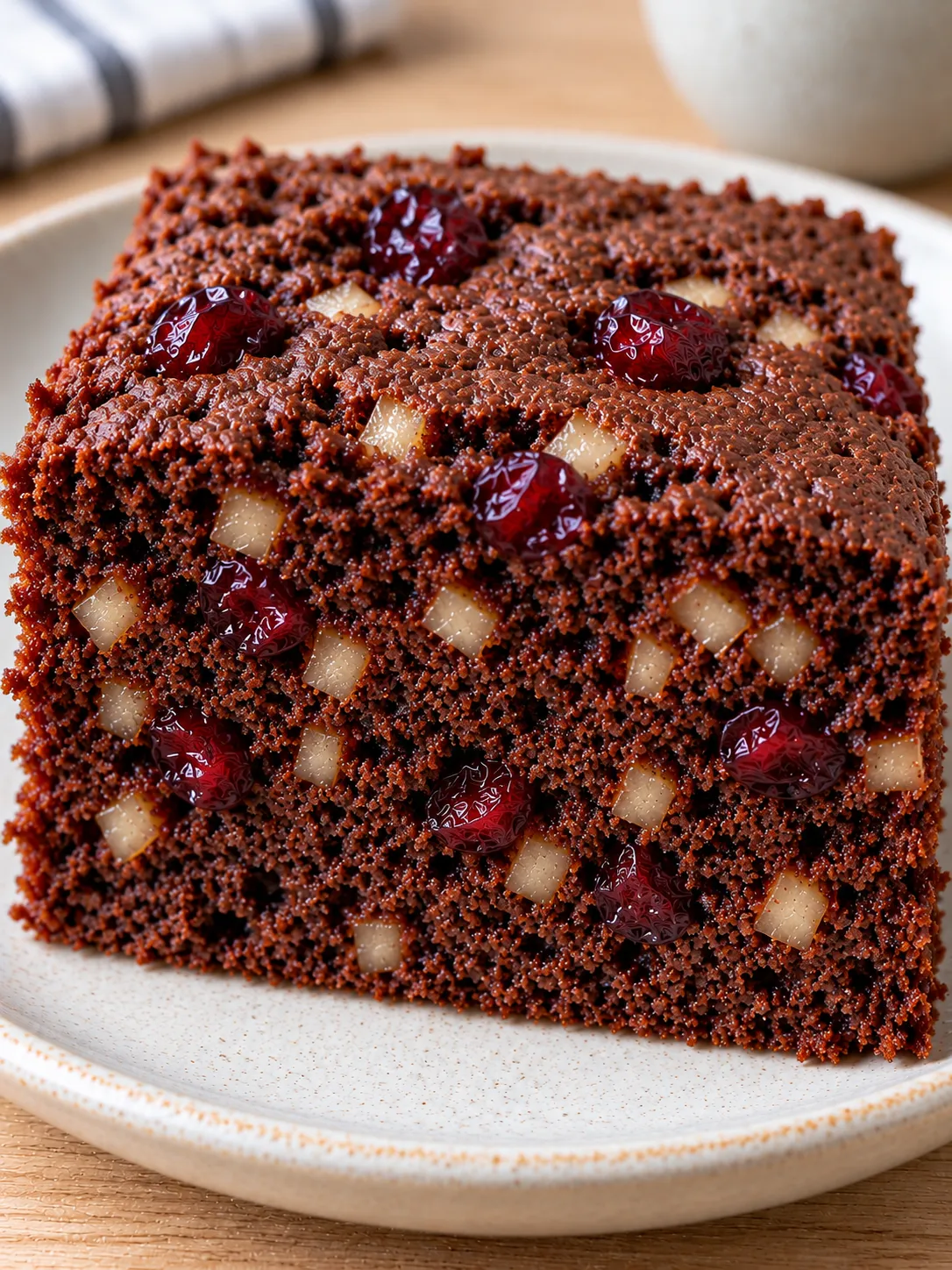 Chocolate sheet cake with cardamom and pear — cranberries