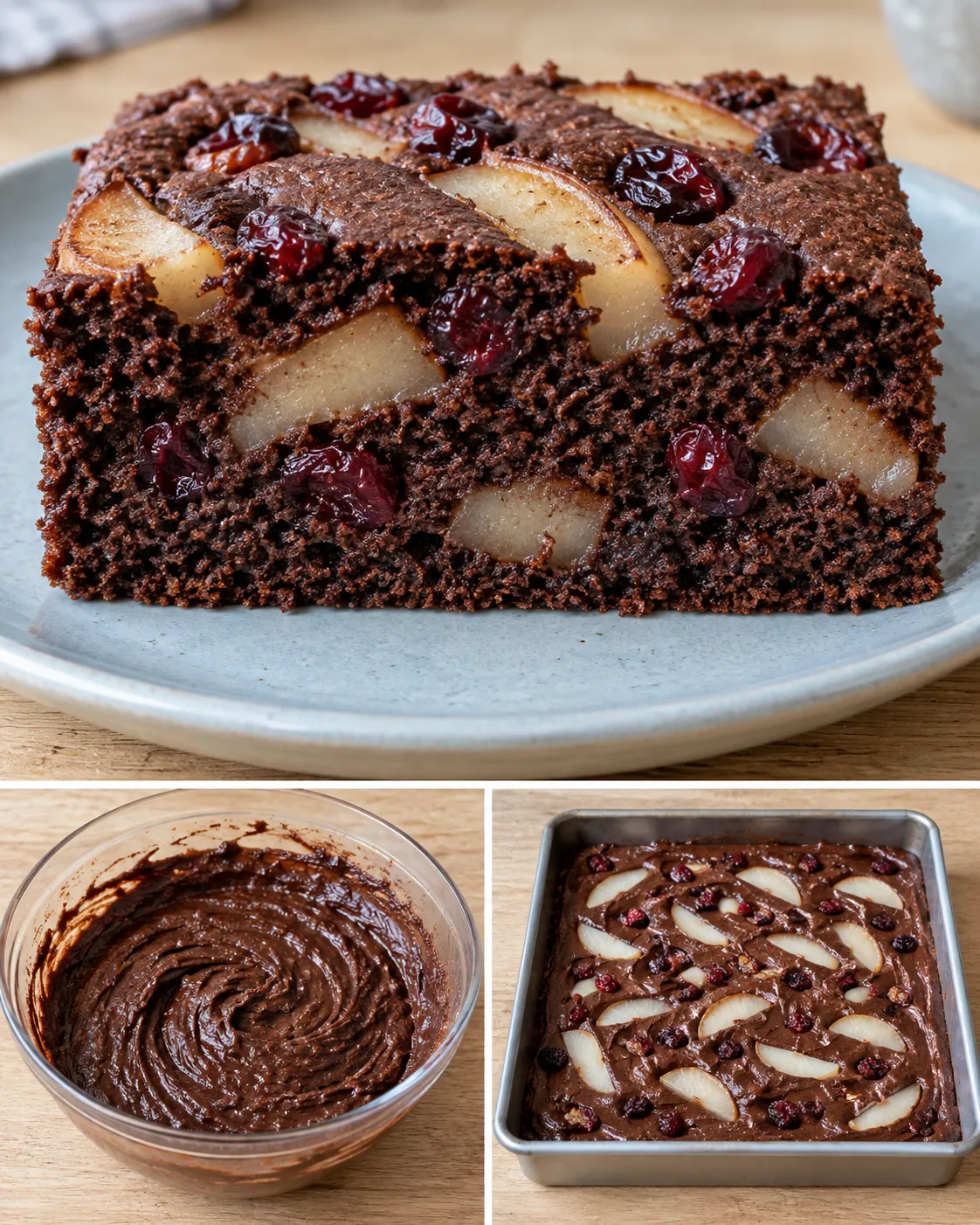 Chocolate sheet cake with cardamom and pear — cranberries