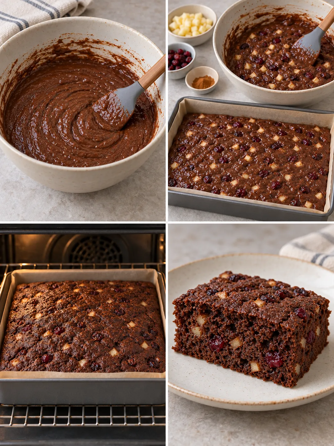 Chocolate sheet cake with cinnamon and apple — cranberries