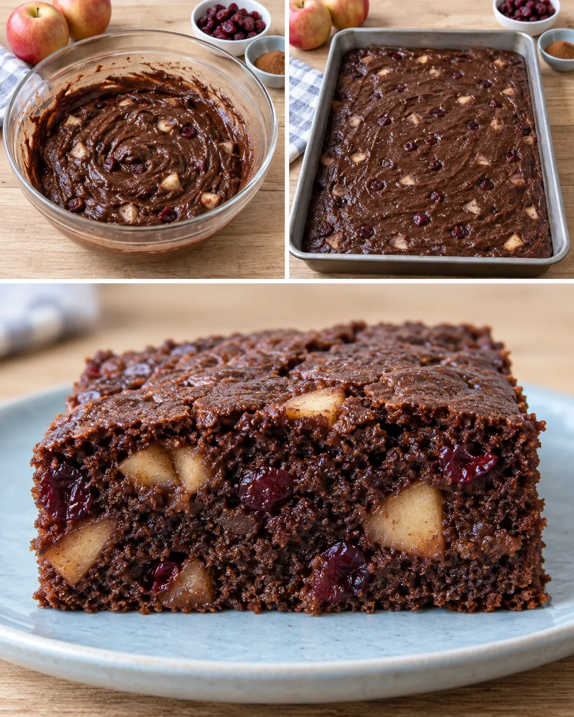 Chocolate sheet cake with cinnamon and apple — cranberries