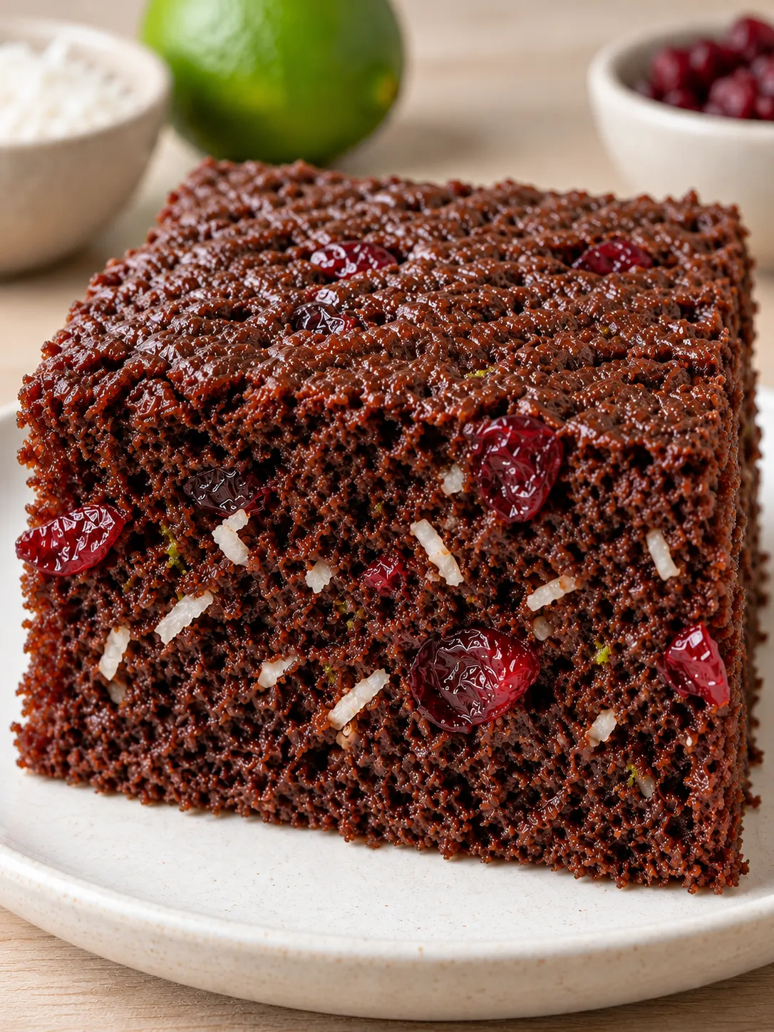 Chocolate sheet cake with coconut and lime — cranberries