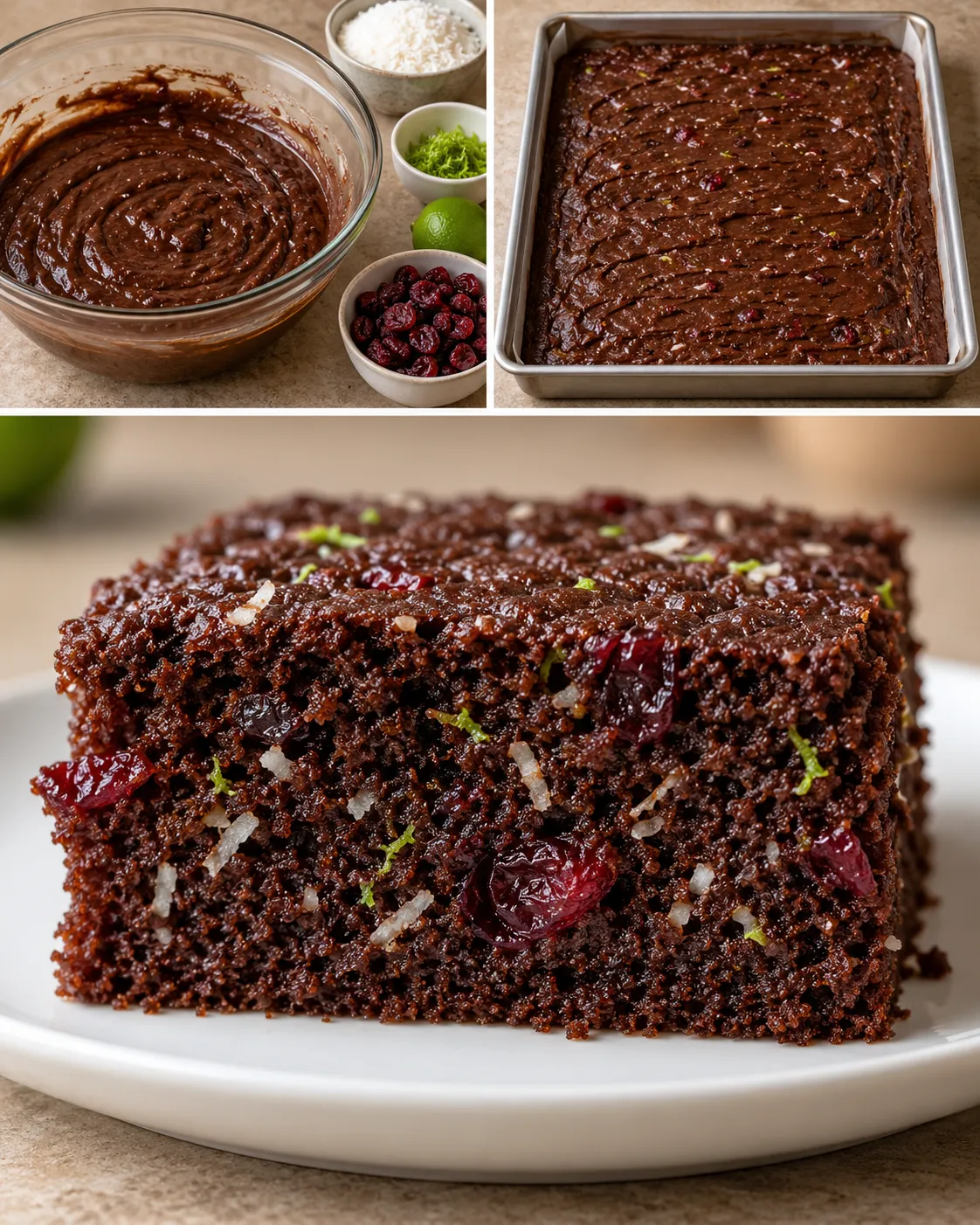 Chocolate sheet cake with coconut and lime — cranberries