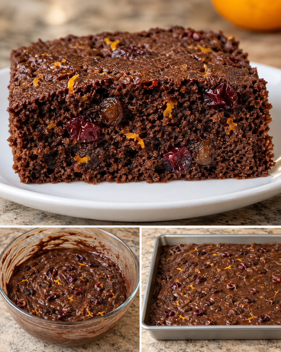 Chocolate sheet cake with cranberries and orange — raisins