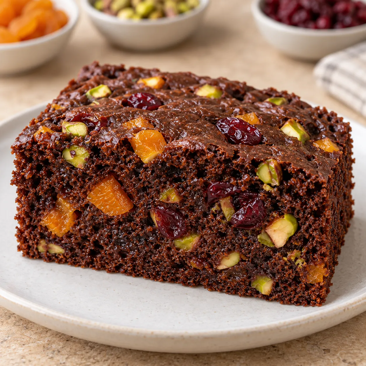 Chocolate sheet cake with apricots and pistachios — cranberries