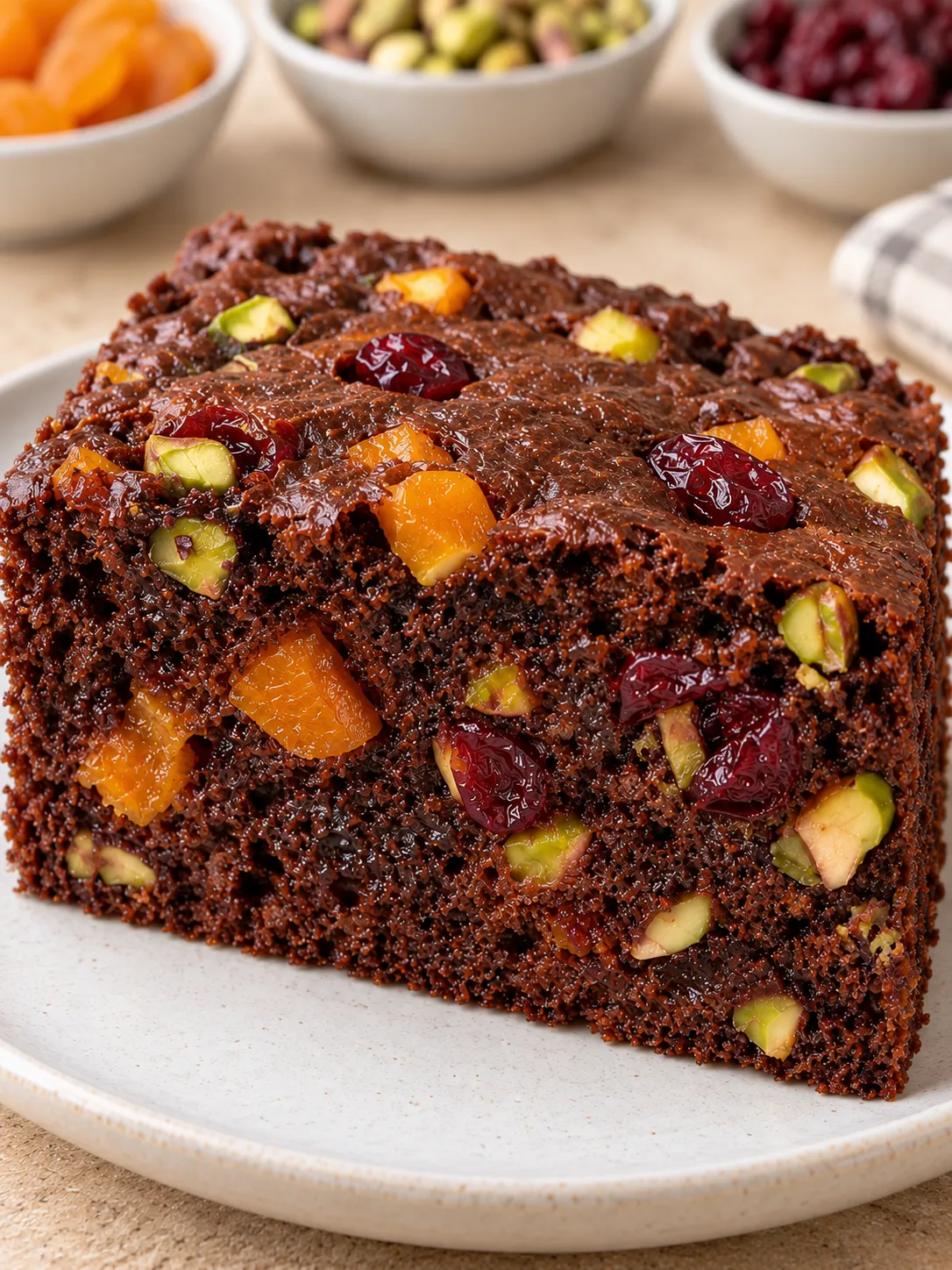 Chocolate sheet cake with apricots and pistachios — cranberries