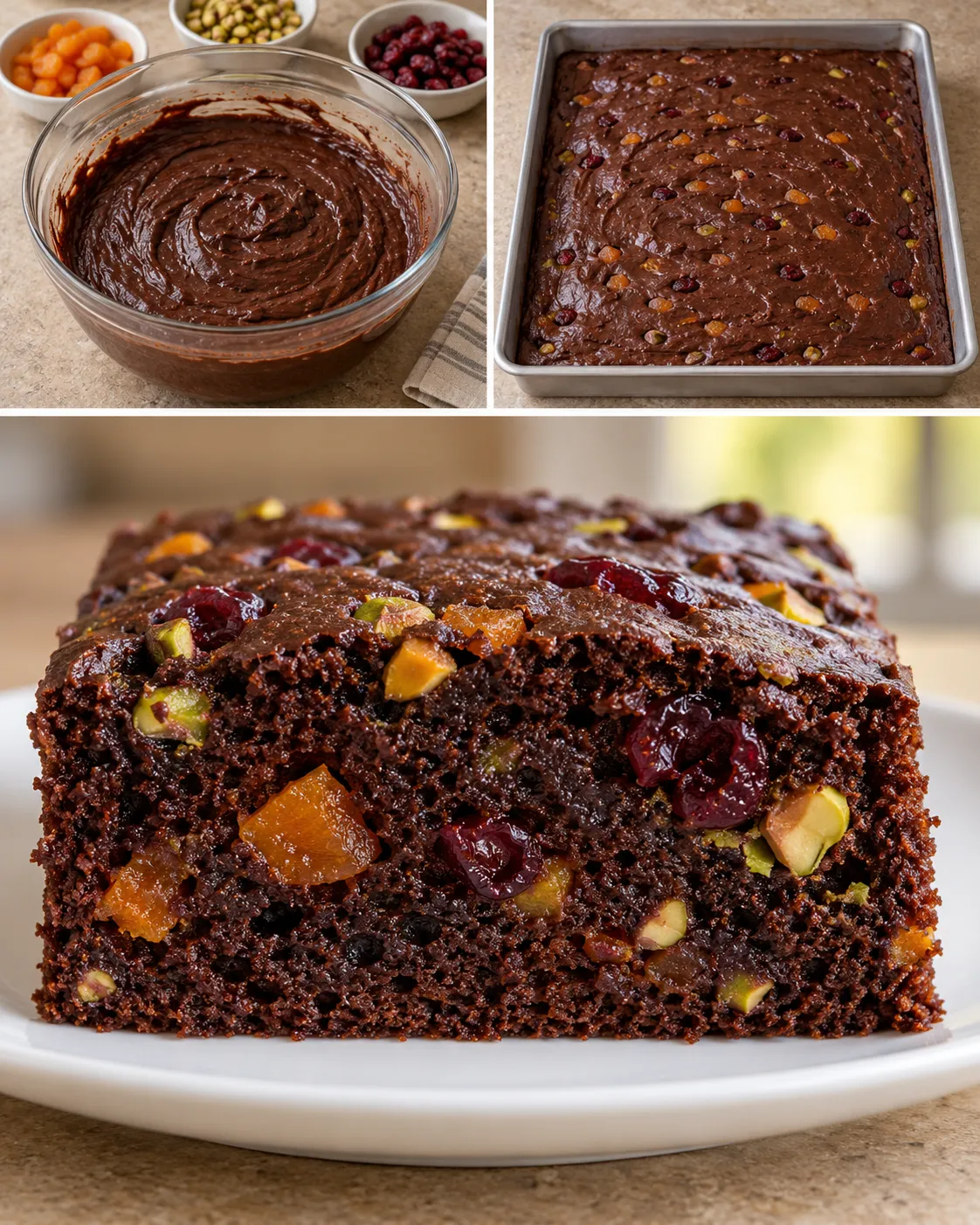 Chocolate sheet cake with apricots and pistachios — cranberries