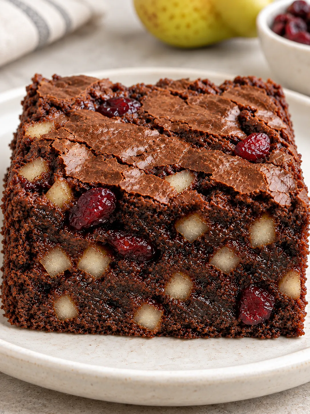 Brownies with cardamom and pear — cranberries