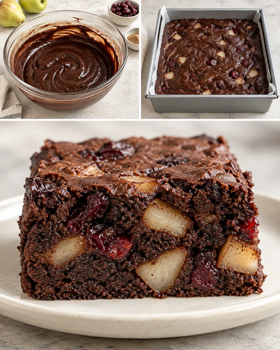 Brownies with cardamom and pear — cranberries