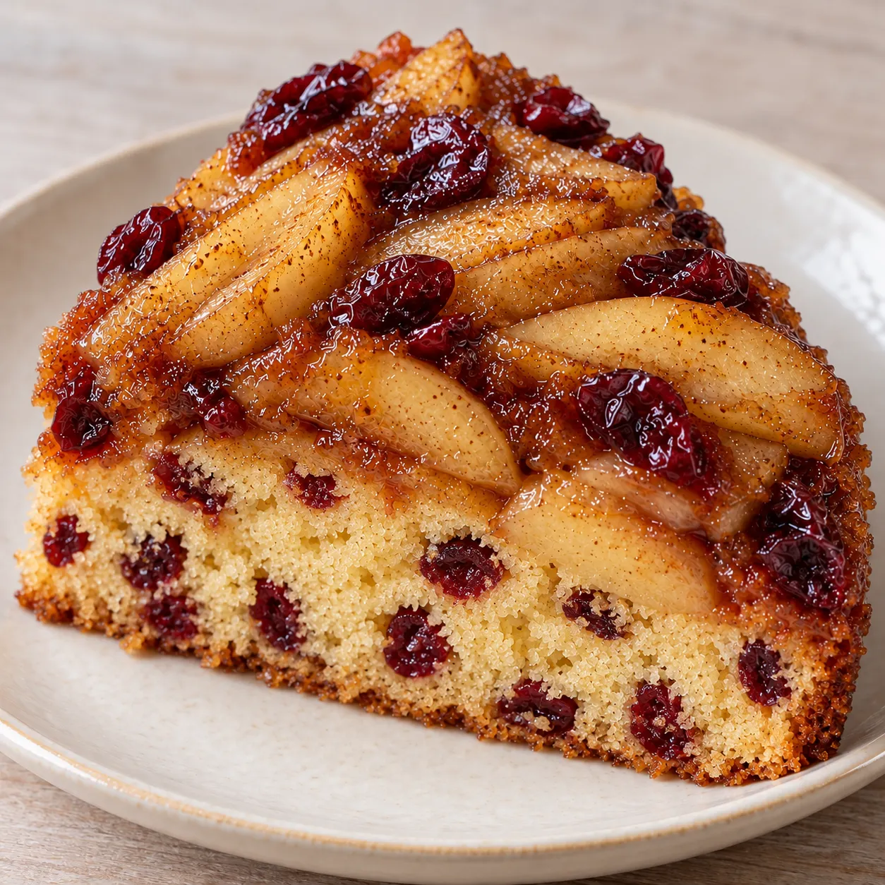 Upside-down fruit cake with apple and cinnamon — cranberries