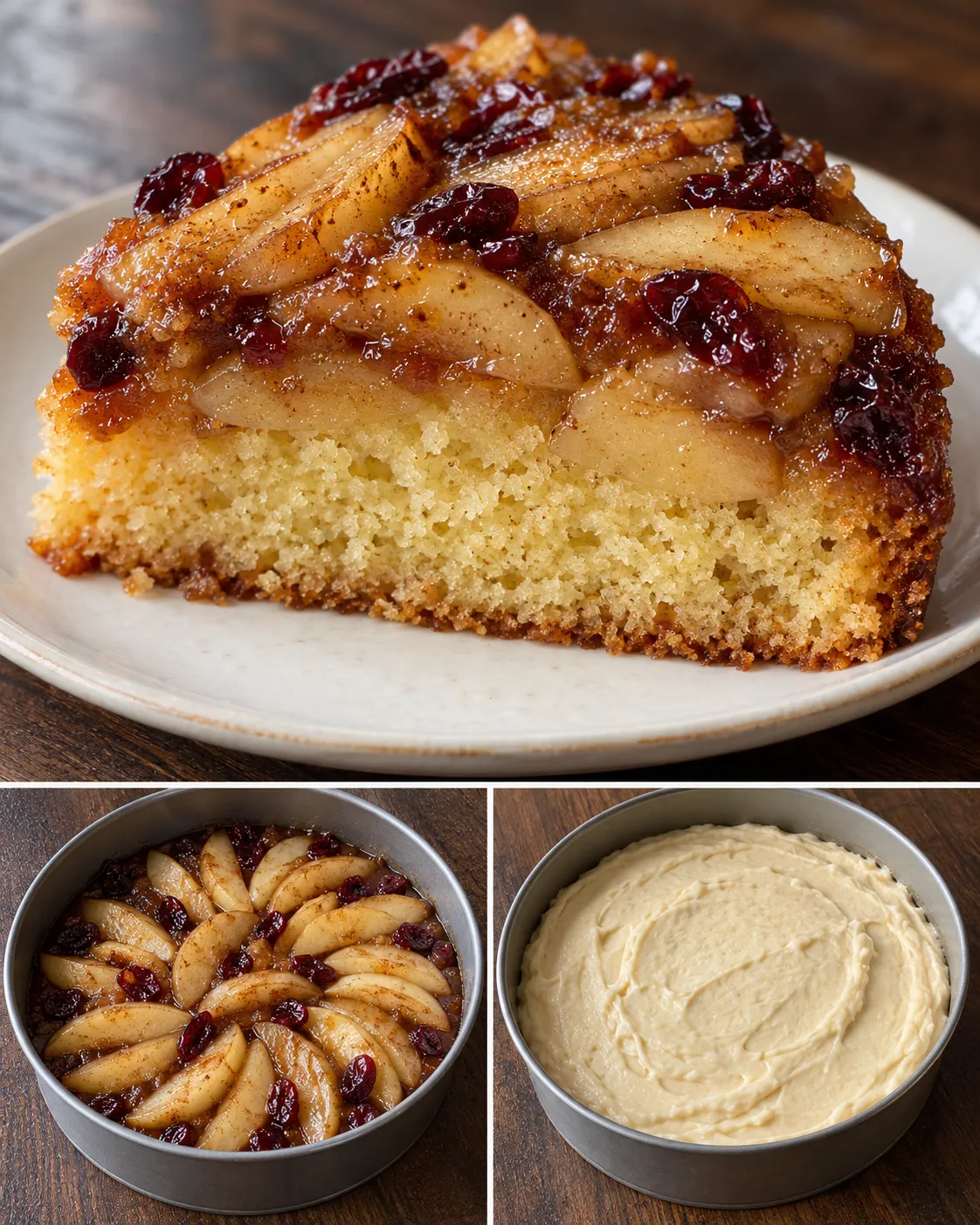 Upside-down fruit cake with apple and cinnamon — cranberries