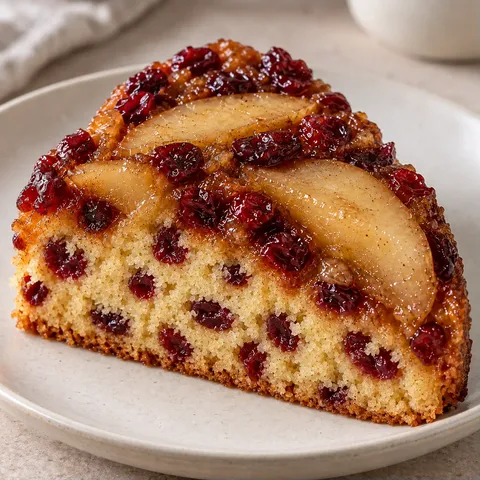 Upside-down fruit cake with pear and cardamom — cranberries