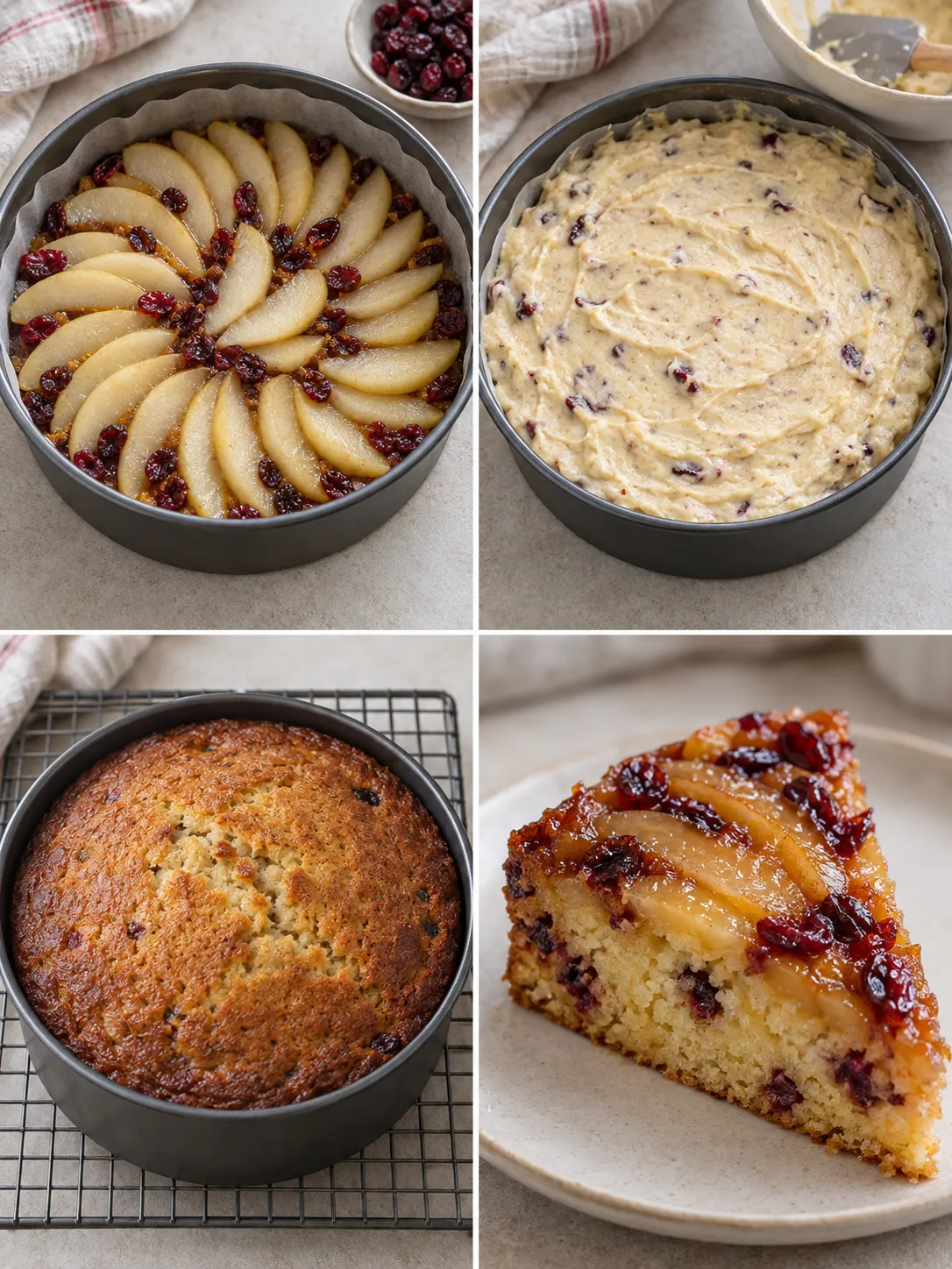 Upside-down fruit cake with pear and cardamom — cranberries
