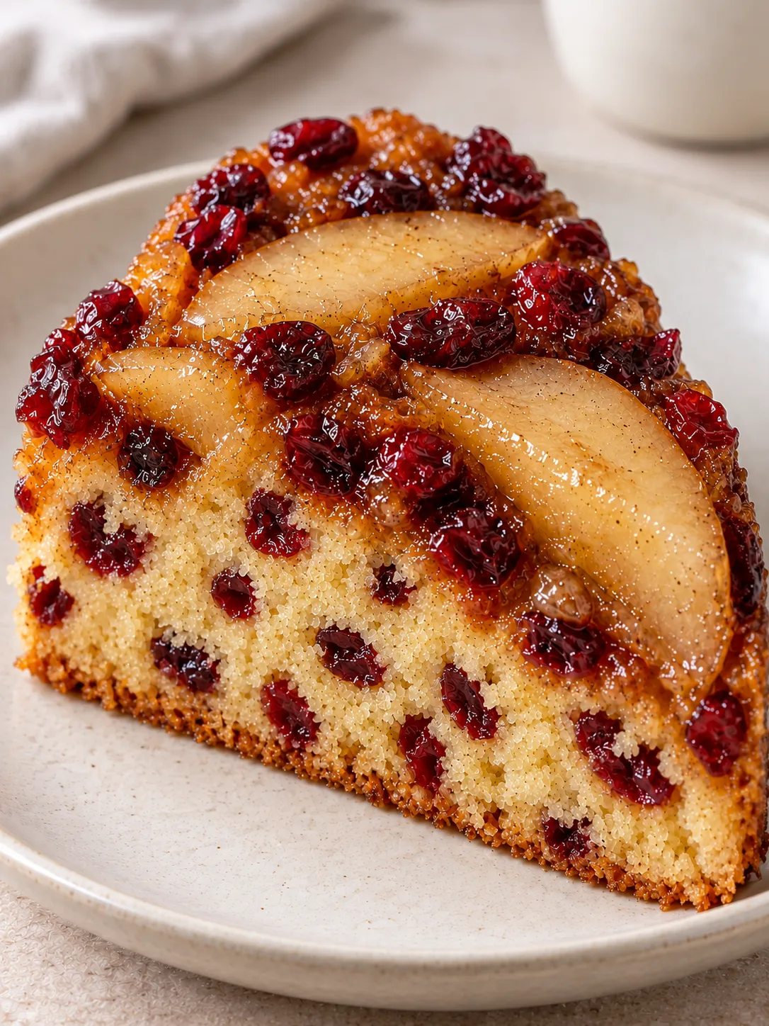 Upside-down fruit cake with pear and cardamom — cranberries