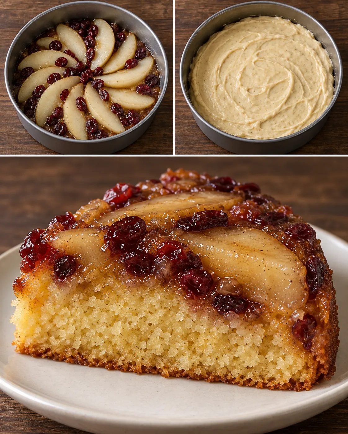 Upside-down fruit cake with pear and cardamom — cranberries