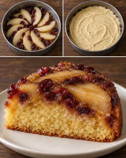 Upside-down fruit cake with pear and cardamom — cranberries