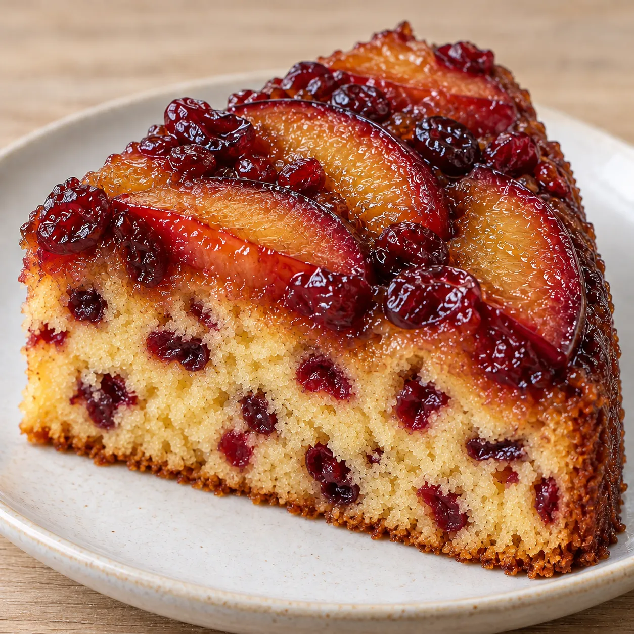 Upside-down fruit cake with plums and vanilla — cranberries