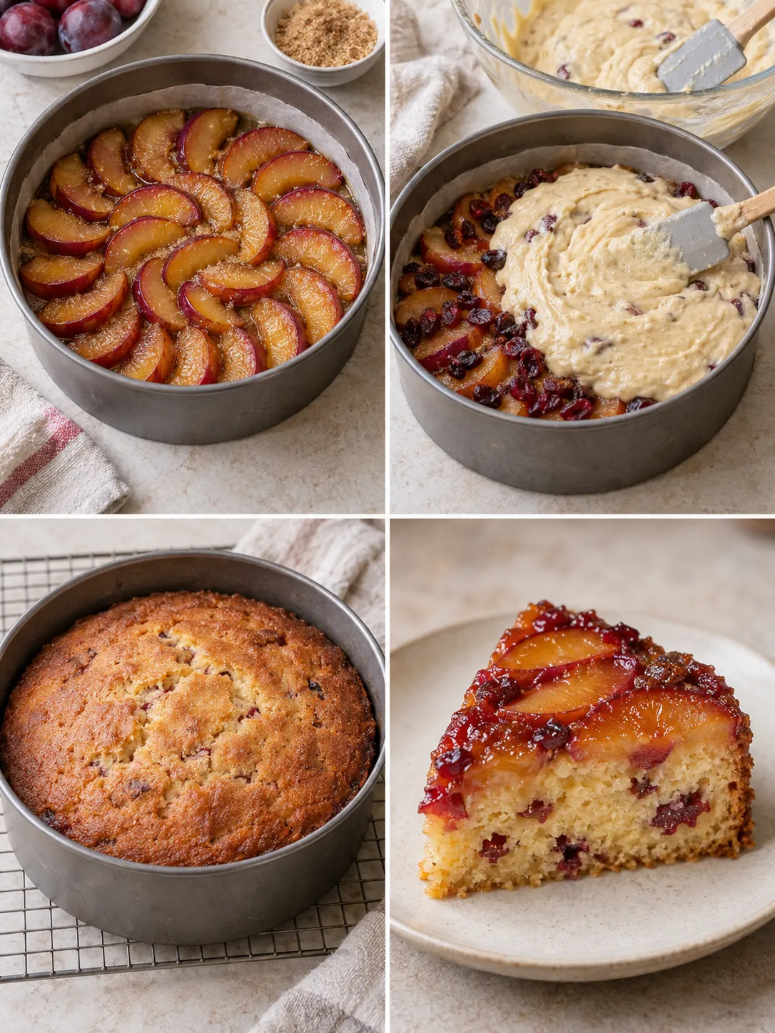 Upside-down fruit cake with plums and vanilla — cranberries