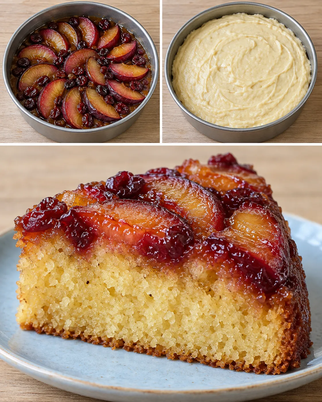 Upside-down fruit cake with plums and vanilla — cranberries