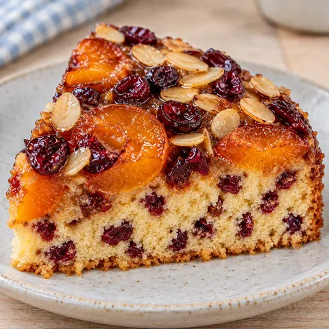 Upside-down fruit cake with apricots and almonds — cranberries