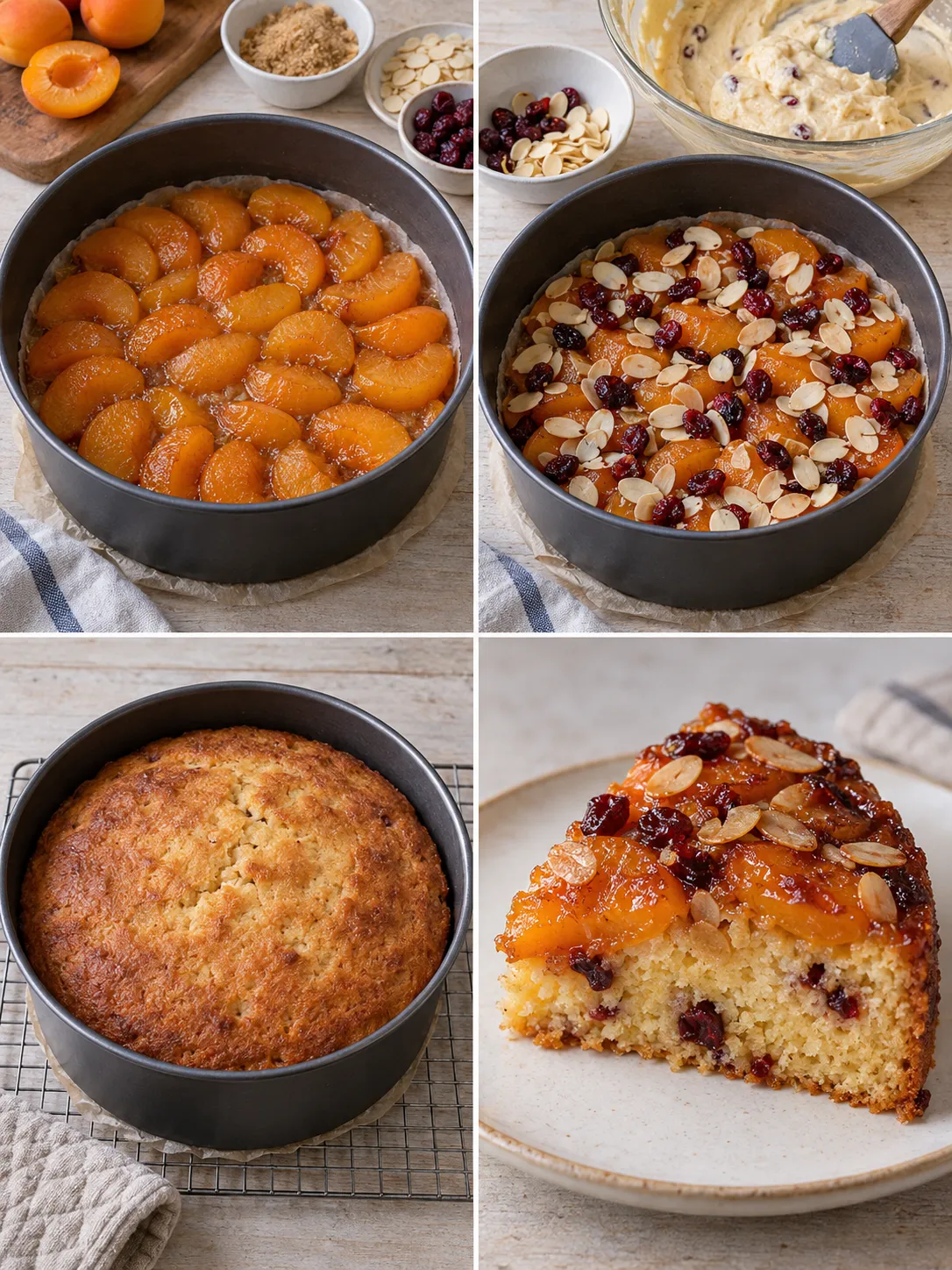 Upside-down fruit cake with apricots and almonds — cranberries