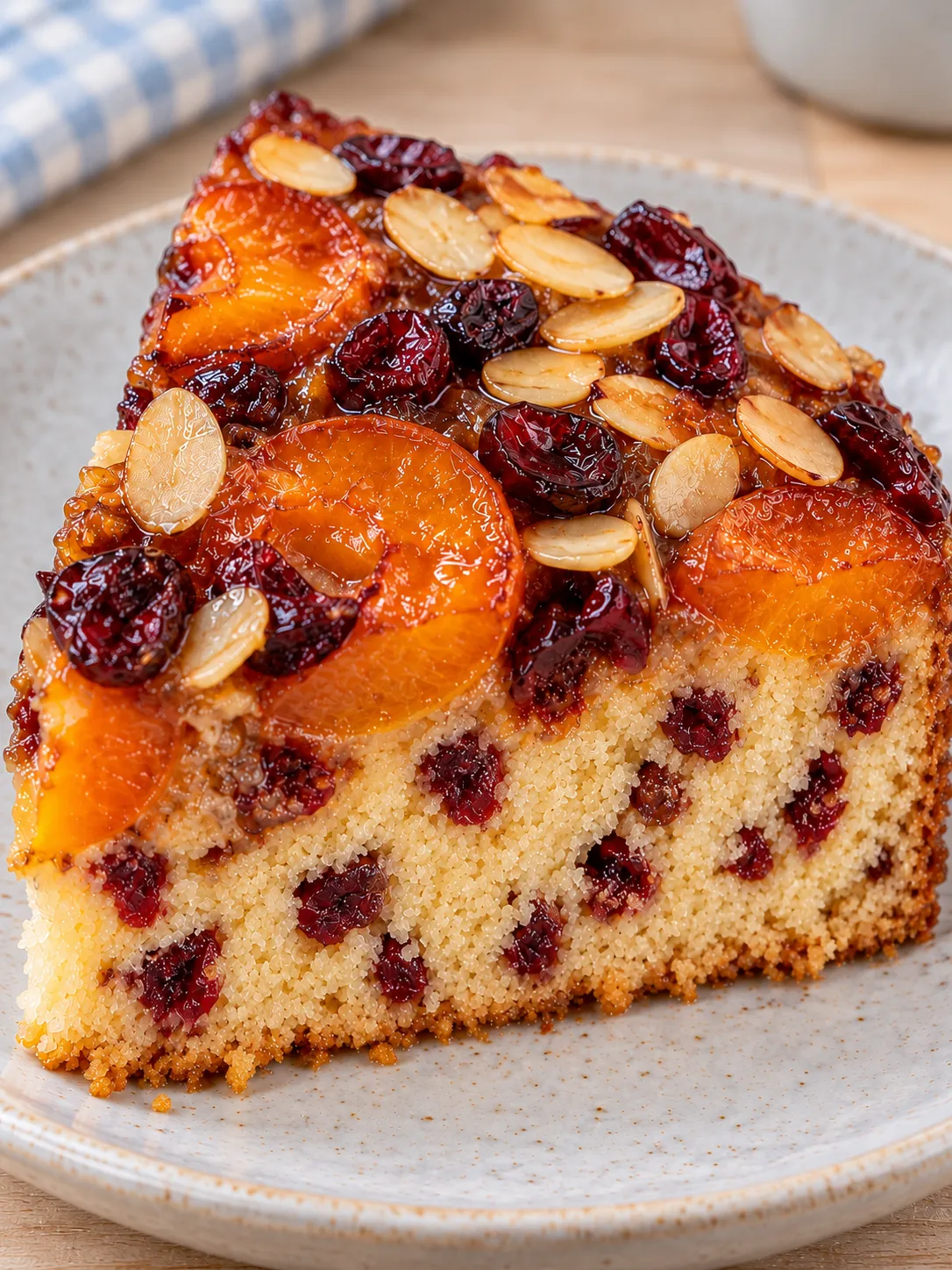 Upside-down fruit cake with apricots and almonds — cranberries