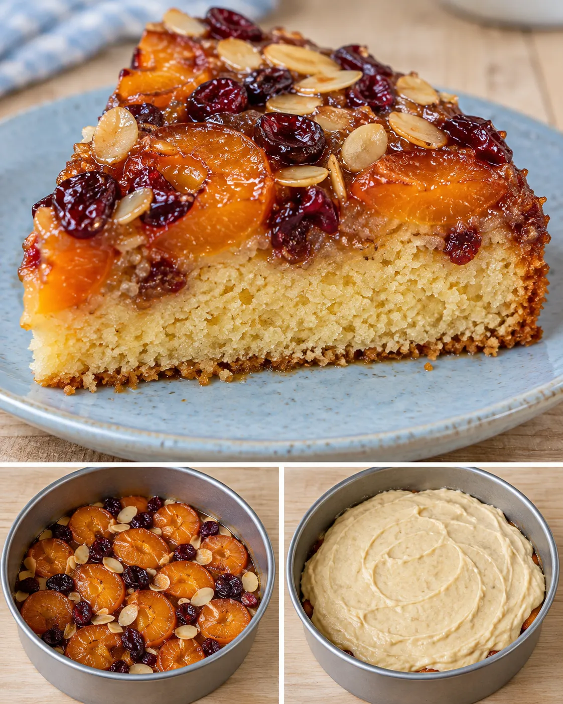 Upside-down fruit cake with apricots and almonds — cranberries