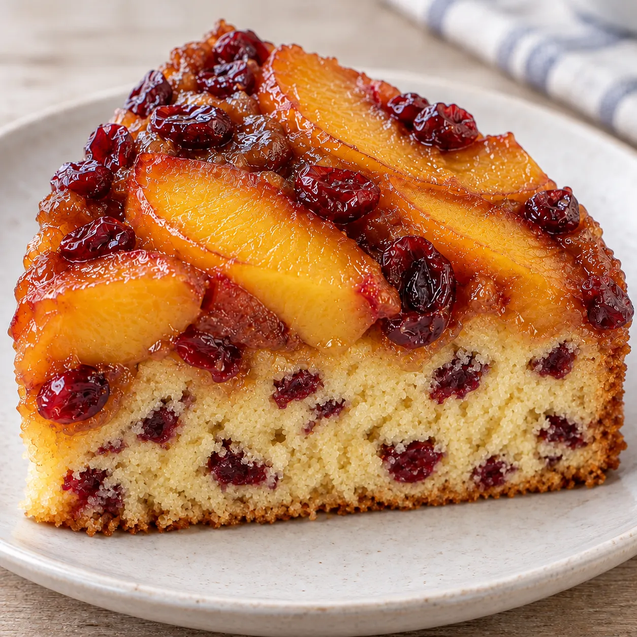Upside-down fruit cake with peaches and vanilla — cranberries