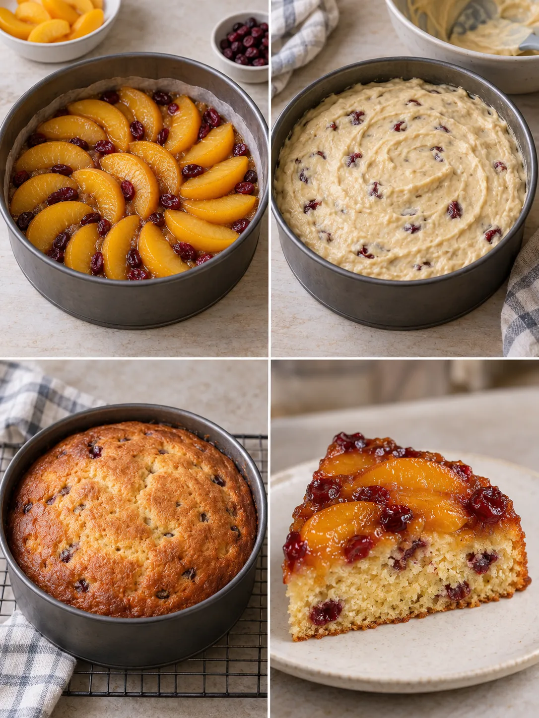Upside-down fruit cake with peaches and vanilla — cranberries
