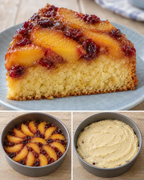 Upside-down fruit cake with peaches and vanilla — cranberries