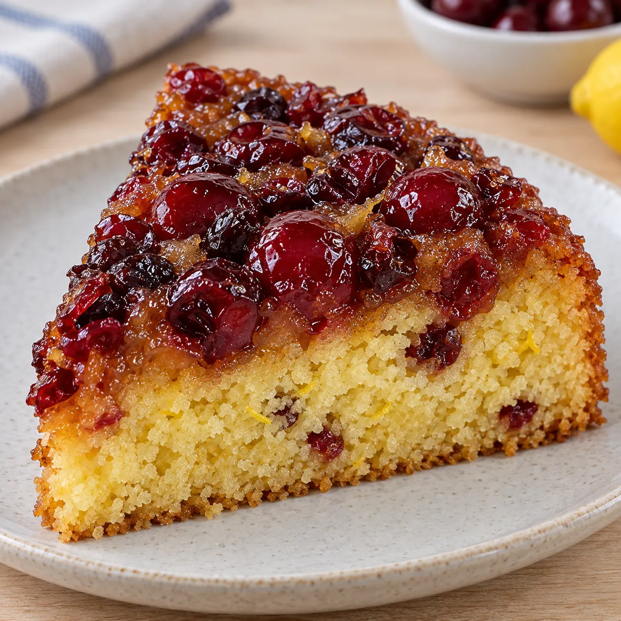 Upside-down fruit cake with cherries and lemon — cranberries