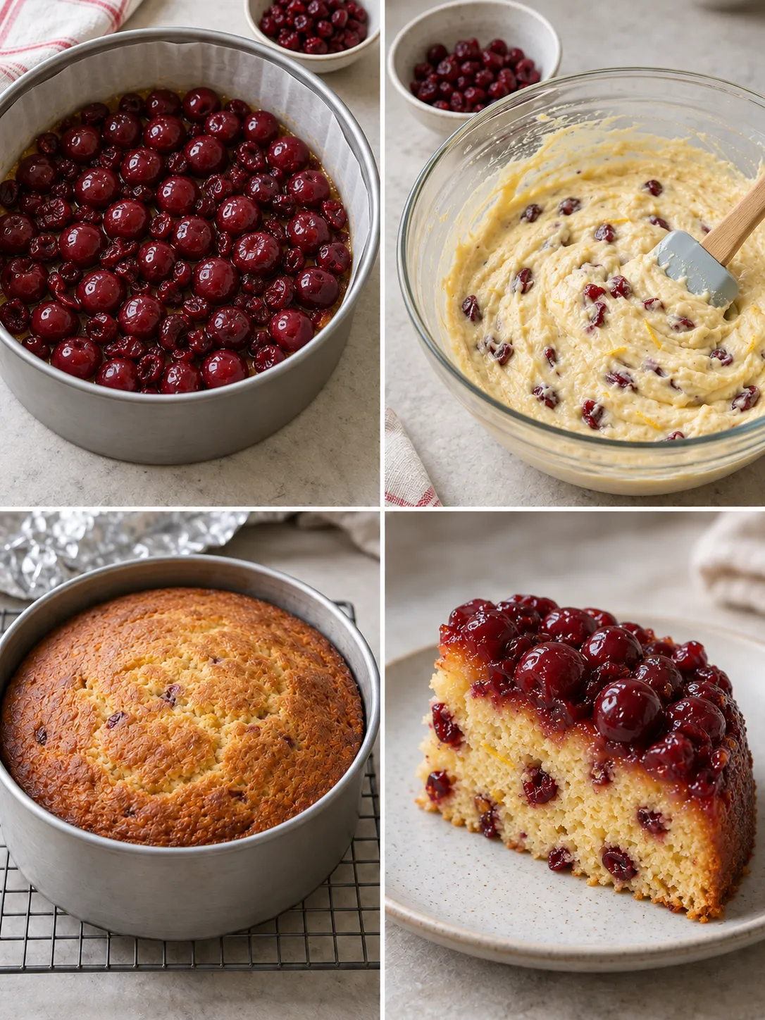 Upside-down fruit cake with cherries and lemon — cranberries